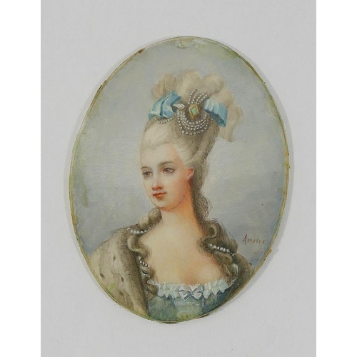 87 - Two 19th century French oval portrait miniatures of  Madame de Pompadour, signed Andre 9.5cm x 7cm, ... 