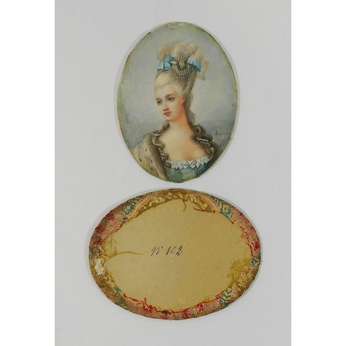 87 - Two 19th century French oval portrait miniatures of  Madame de Pompadour, signed Andre 9.5cm x 7cm, ... 