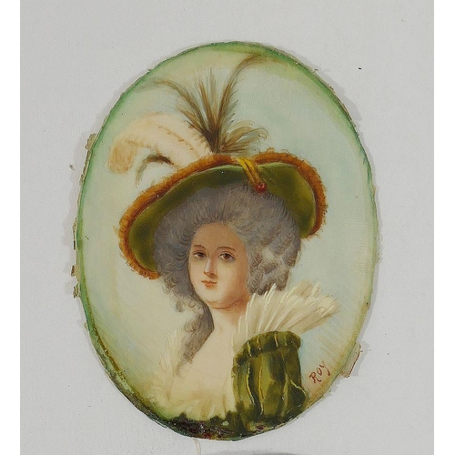 87 - Two 19th century French oval portrait miniatures of  Madame de Pompadour, signed Andre 9.5cm x 7cm, ... 