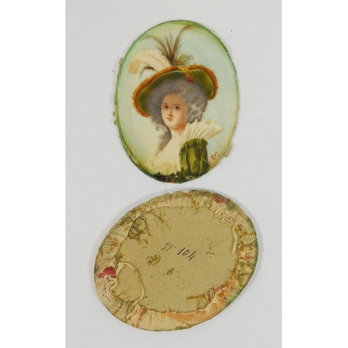 87 - Two 19th century French oval portrait miniatures of  Madame de Pompadour, signed Andre 9.5cm x 7cm, ... 