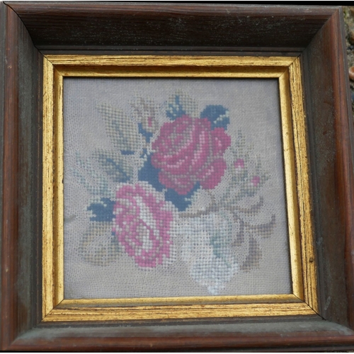 300A - Three framed 19th century petit point and beaded panels, and a sampler dated June 1877, 37.5cm x 26.... 