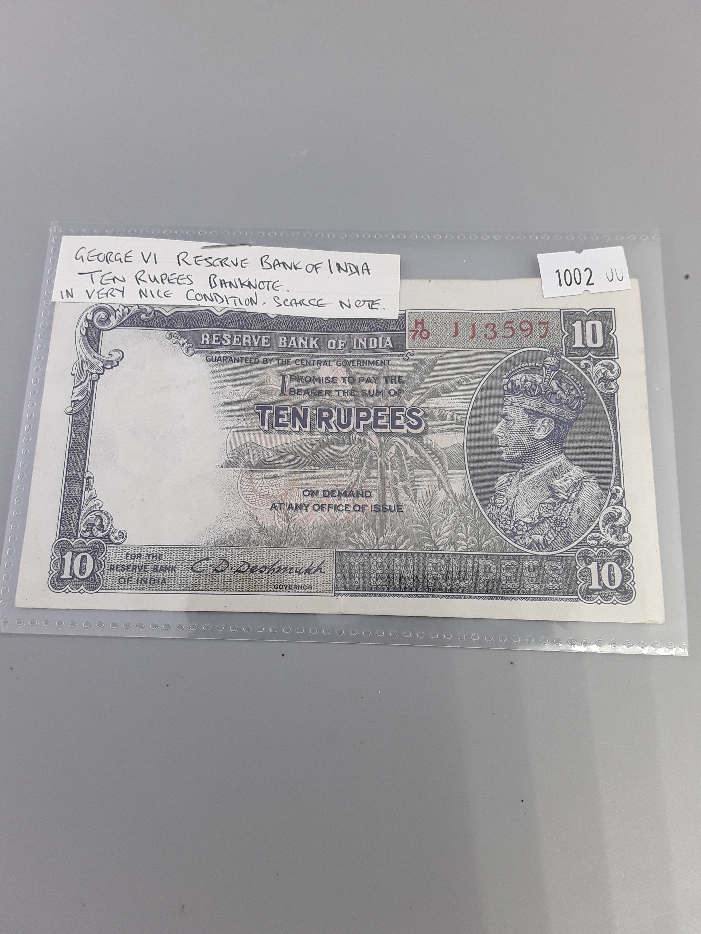 George VI reserve bank of India Ten Rupees note. In good condition Rare ...