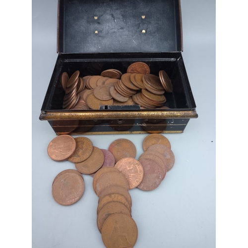 8 - Vintage Money Box Savings Tin No Key Black Red Gold Full of old Pennies and Half-Pennies