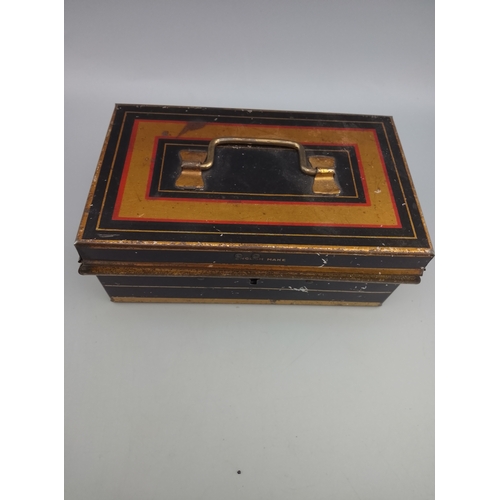 8 - Vintage Money Box Savings Tin No Key Black Red Gold Full of old Pennies and Half-Pennies