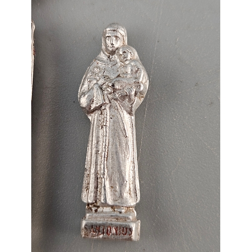 48 - Antique pocket shrine, porta saint, travellers shrine, little statue, miniature silver plated statue... 
