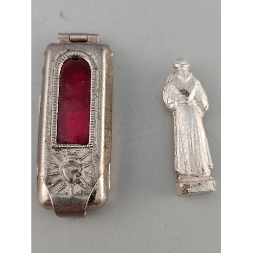 48 - Antique pocket shrine, porta saint, travellers shrine, little statue, miniature silver plated statue... 