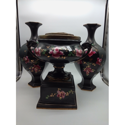 23 - This is a set of black porcelain vases and a twin-handled planter featuring hand-painted floral desi... 
