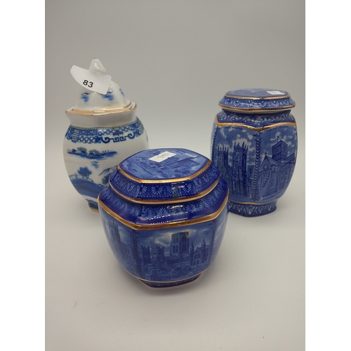 48 - 3 Lidded ringtone vases, churches, castles and willow pattern