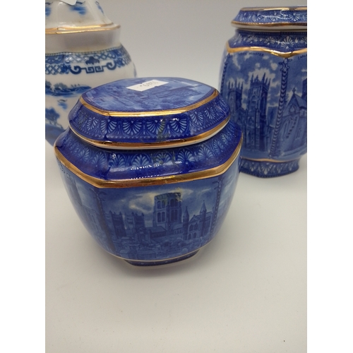48 - 3 Lidded ringtone vases, churches, castles and willow pattern