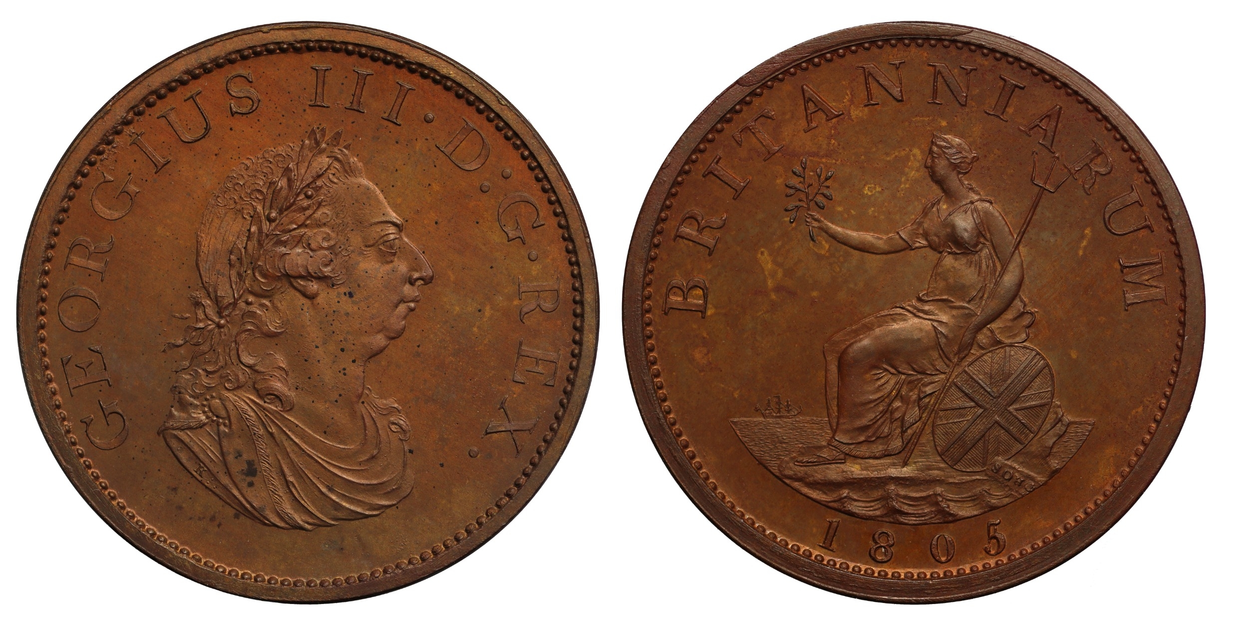 George III (1760-1820), Pattern copper Halfpenny, 1805, restrike by W J ...