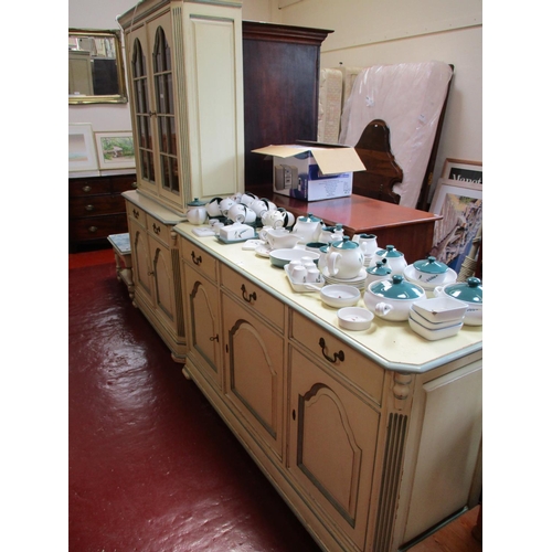 242 - A blue and cream finished half glazed dresser, matching sideboard and two tier occasional table