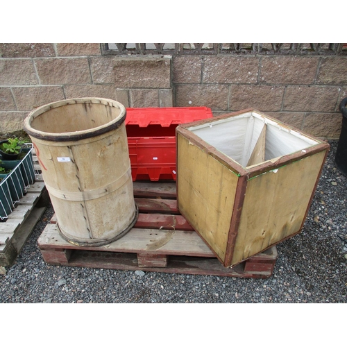 38 - A vintage potato barrel and tea chest together with a lidded storage box