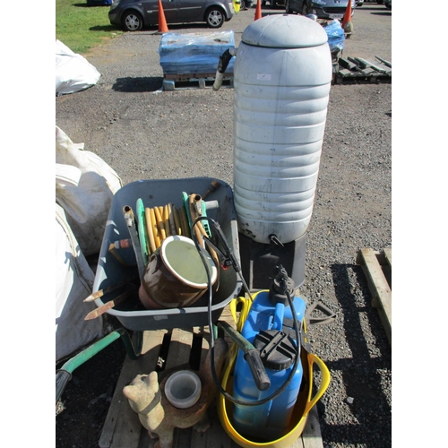 67 - A wheelbarrow, a knap sack sprayer, a water butt, a hose and reel, two vintage cow pegs etc.