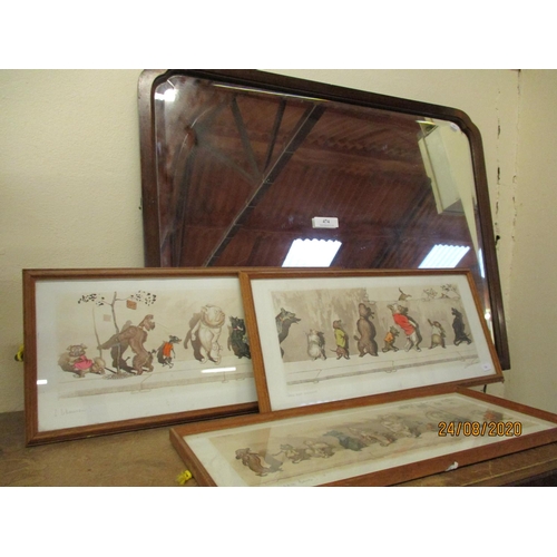 474 - A framed set of three Dirty Dogs of Paris prints together with a mahogany framed wall mirror