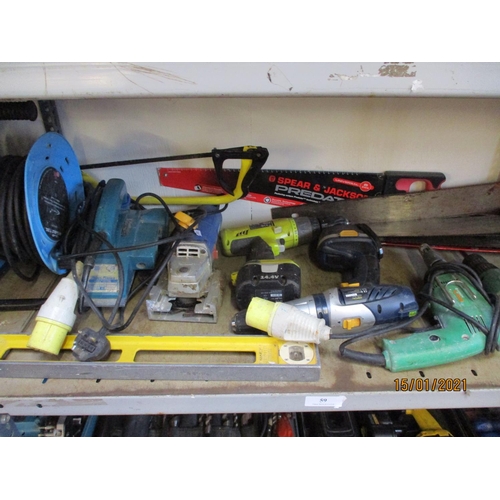 59 - An assortment of power tools by Einhell, Ryobi, Hitachi and others, extension leads, hand saws etc.