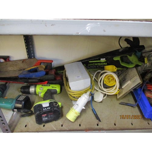 59 - An assortment of power tools by Einhell, Ryobi, Hitachi and others, extension leads, hand saws etc.