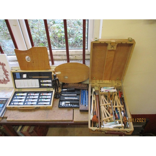 63 - Various artist paints, pastels and drawing sets, two light boxes and associated items