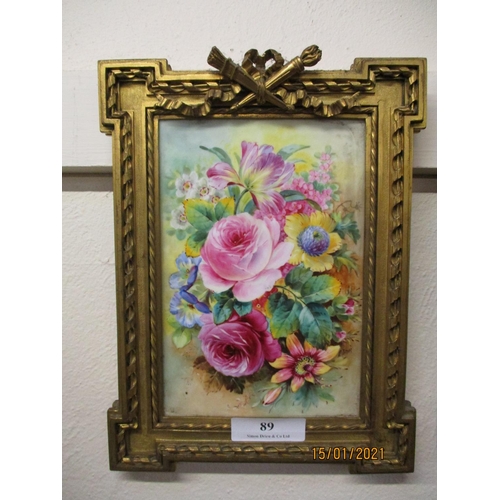 89 - A pair of gilt framed English plaques painted in colours with summer flowers on a mottled background... 