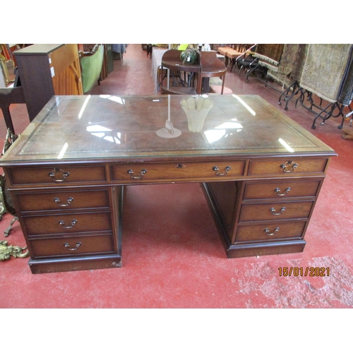 179 - A large contemporary oak partners desk the top inlaid with brown silvered and tooled leather

(W)183... 