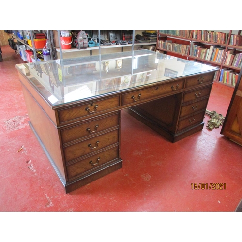 179 - A large contemporary oak partners desk the top inlaid with brown silvered and tooled leather

(W)183... 