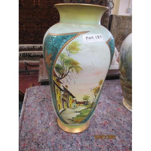 187 - A Paris baluster vase painted in colours with elegant ladies and gentlemen out hunting wearing eight... 