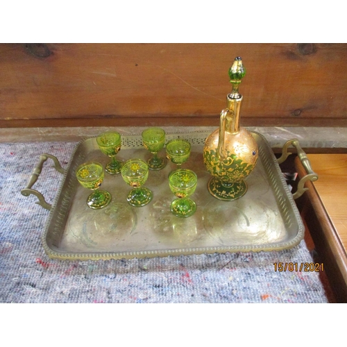 198 - A Napoleon III gilt brass and cut glass vinaigrette stand with two lidded bottles with serpent handl... 