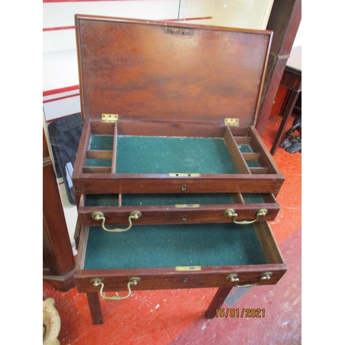 206 - A nineteenth century mahogany artists materials two handled box on stand with lifting top, fitted in... 