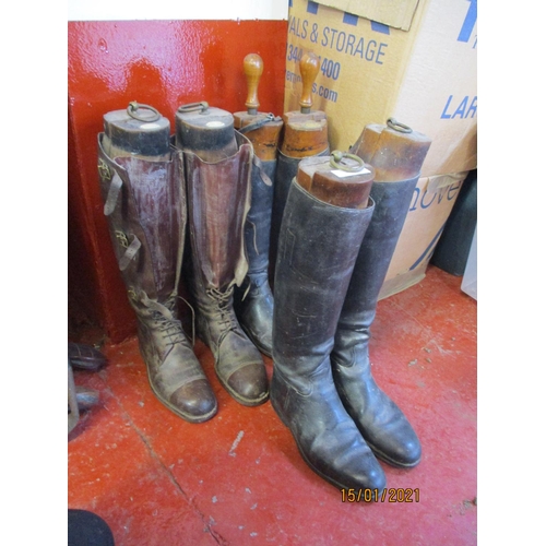 356 - Three pairs of vintage leather riding boots complete with wooden boot trees by Messrs. Maxwell of Do... 