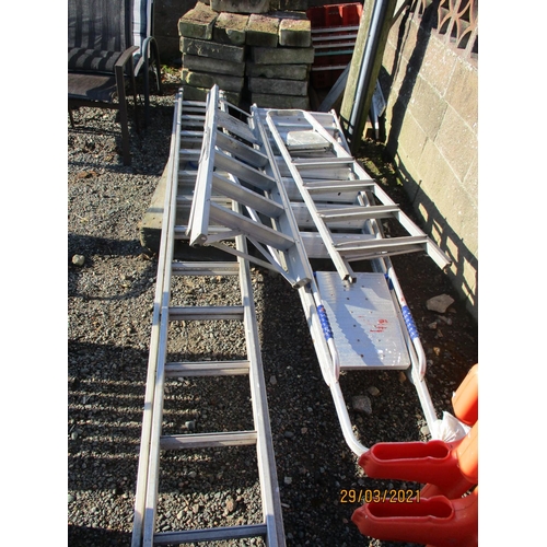 42 - An aluminium extension ladder together with three assorted aluminium step ladders