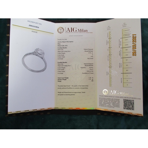 197 - A 14 carat white gold and multiple diamond ring size O complete with AIG jewellery grading report