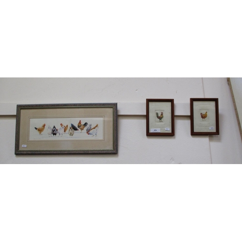 426 - A framed print of hens together with two miniatures of a hen and cockerel