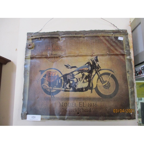 121 - A Harley Davidson wall plaque painted upon part of an oil drum