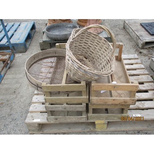 73 - Four traditional Jersey potato boxes, a potato basket and a sieve