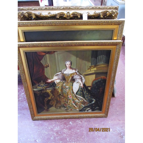 292 - A substantial heavy gilt picture frame together with two gilt framed pictures of eighteenth century ... 