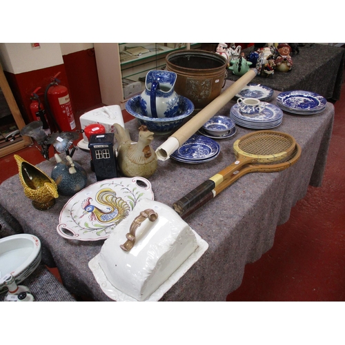 264 - A range of blue and white china, various bird models, two cheese dishes and covers, a faience plate,... 