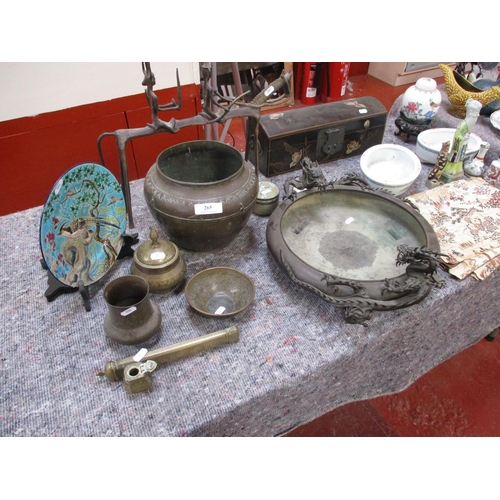 265 - A range of vintage oriental bronze ware, ceramica and a chinoiserie box and a silk work