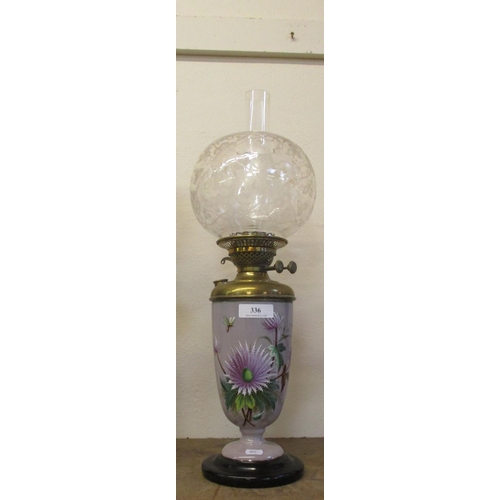 336 - A Victorian paraffin oil lamp the tank of opaline glass construction with hand painted floral and in... 