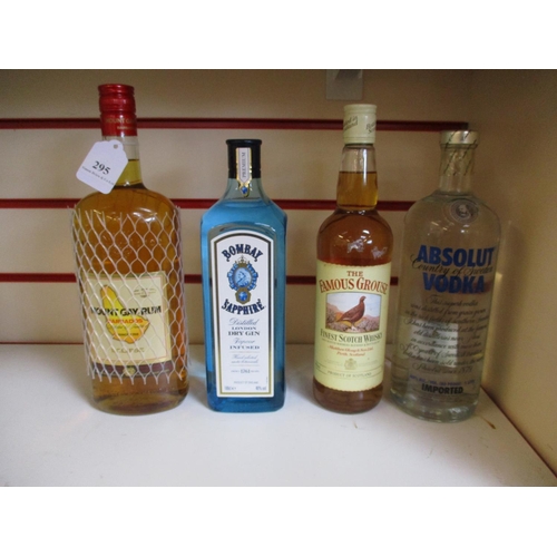 295 - Four bottles of spirits - Mountgay Rum, Bombay Sapphire dry gin, Famous Grouse Scotch Whisky and Abs... 