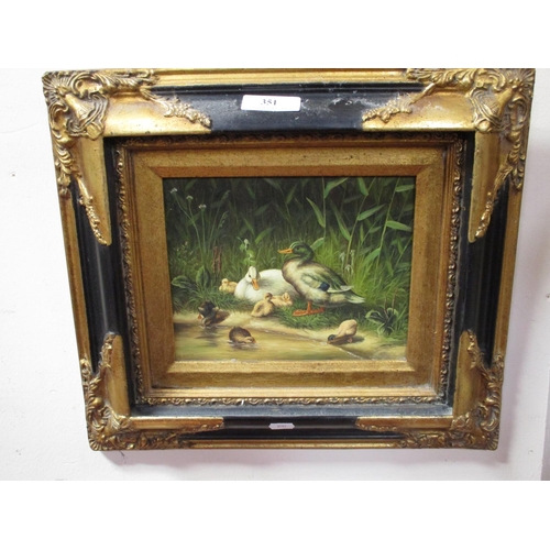 351 - A gilded and ebonised framed picture depicting a family of ducks