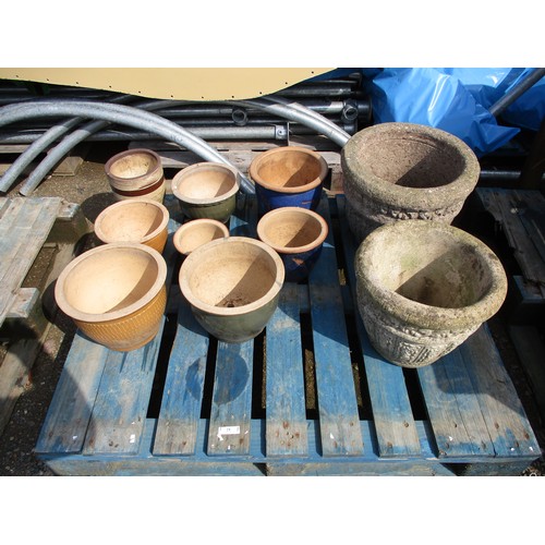 21 - Two stone ware planters together with a selection of salt glazed pots