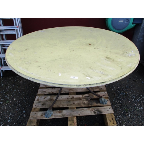 53 - A marble topped circular garden table set upon lion paw feet