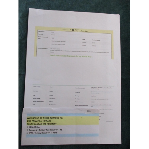 244 - A set of World War I medals awarded to Pte A Howard No. 2160 South Lancashire Regiment with provenan... 