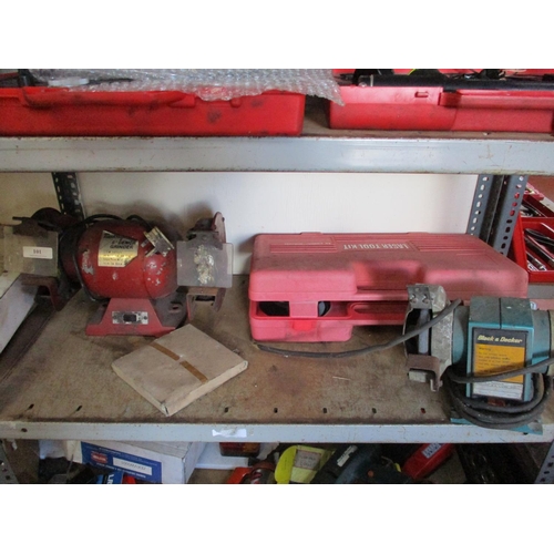 101 - A Taskmaster bench grinder, a Black & Decker bench grinder, a laser level, grease guns and other gar... 