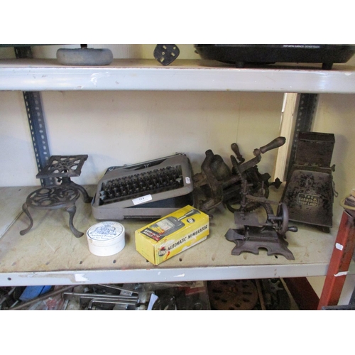 114 - Various vintage sharpening stones, lanterns, sewing machines, trivet etc.