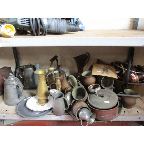 93 - An assortment of brass, copper and pewter ware together with a tribal spear etc.