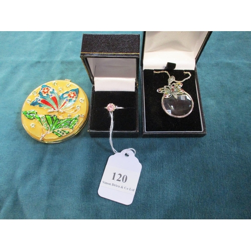 120 - A magnifying glass on chain, handbag mirror and silver ring