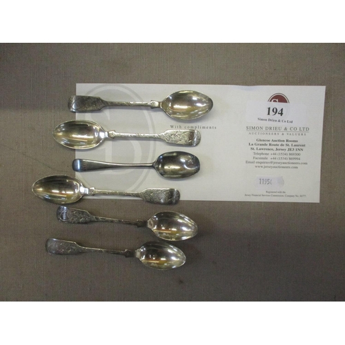 194 - Six assorted silver teaspoons