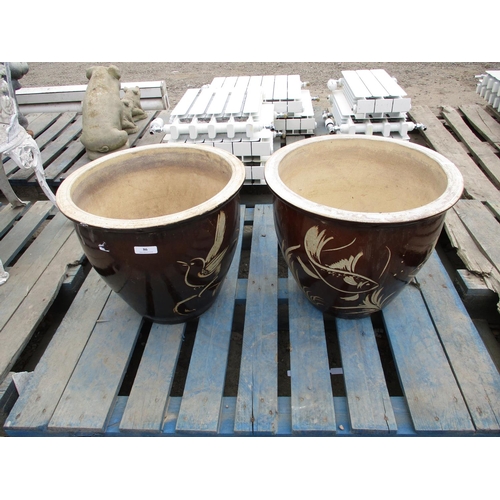 86 - Two large glazed garden pots with sgraffito decoration