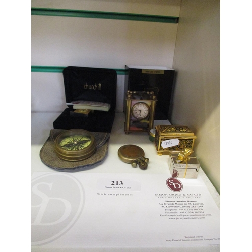 213 - A miniature clock, compass, novelty items etc.