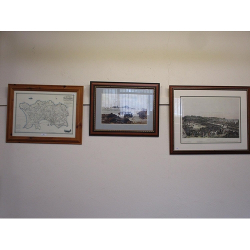 229 - A framed print of a map of Jersey, a photograph of Corbiere Lighthouse and a framed print of an Oule... 